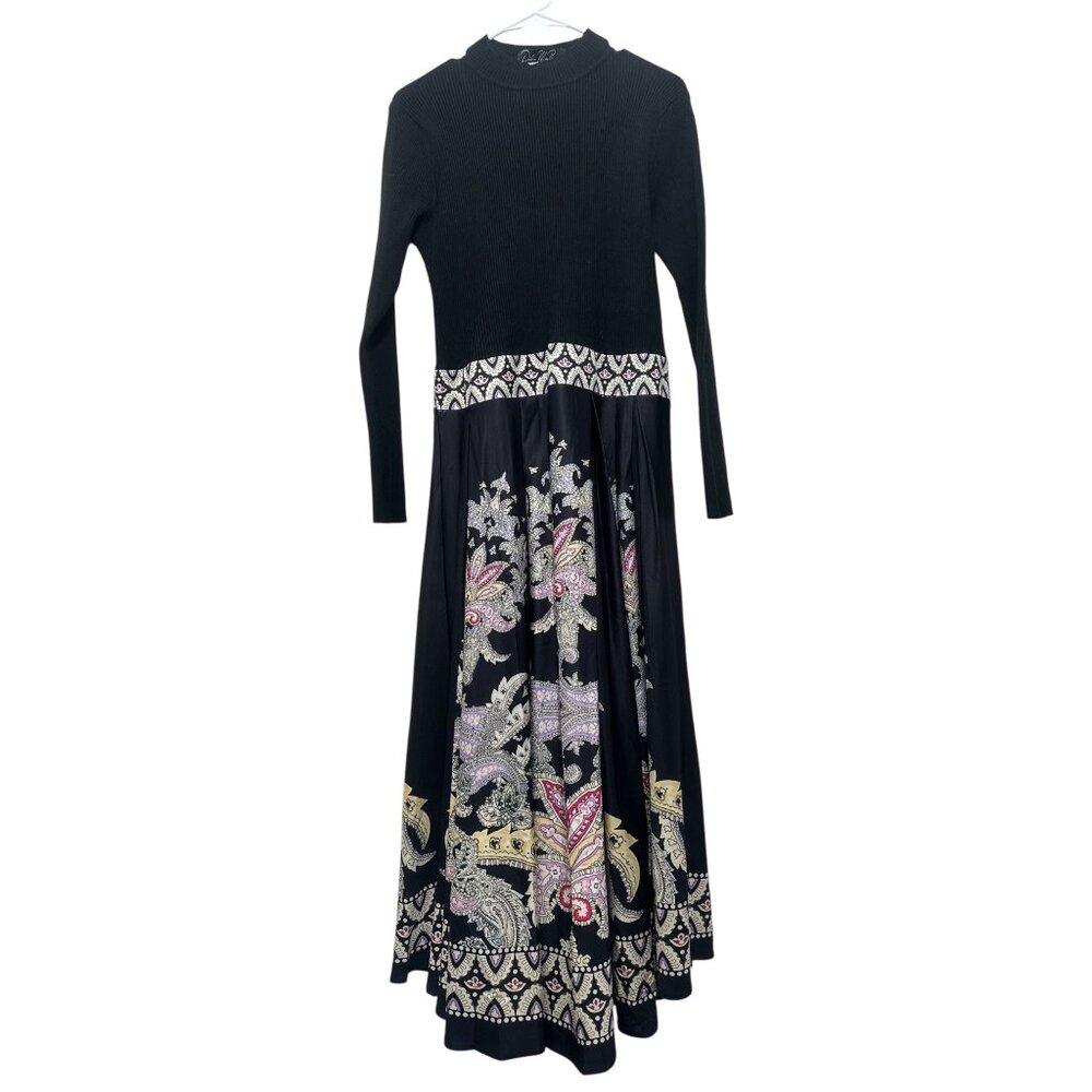 Dalia Macphee Paisley Long Maxi Dress Womens XL Black Fit Flare Mock Neck Flowy - Picture 2 of 16